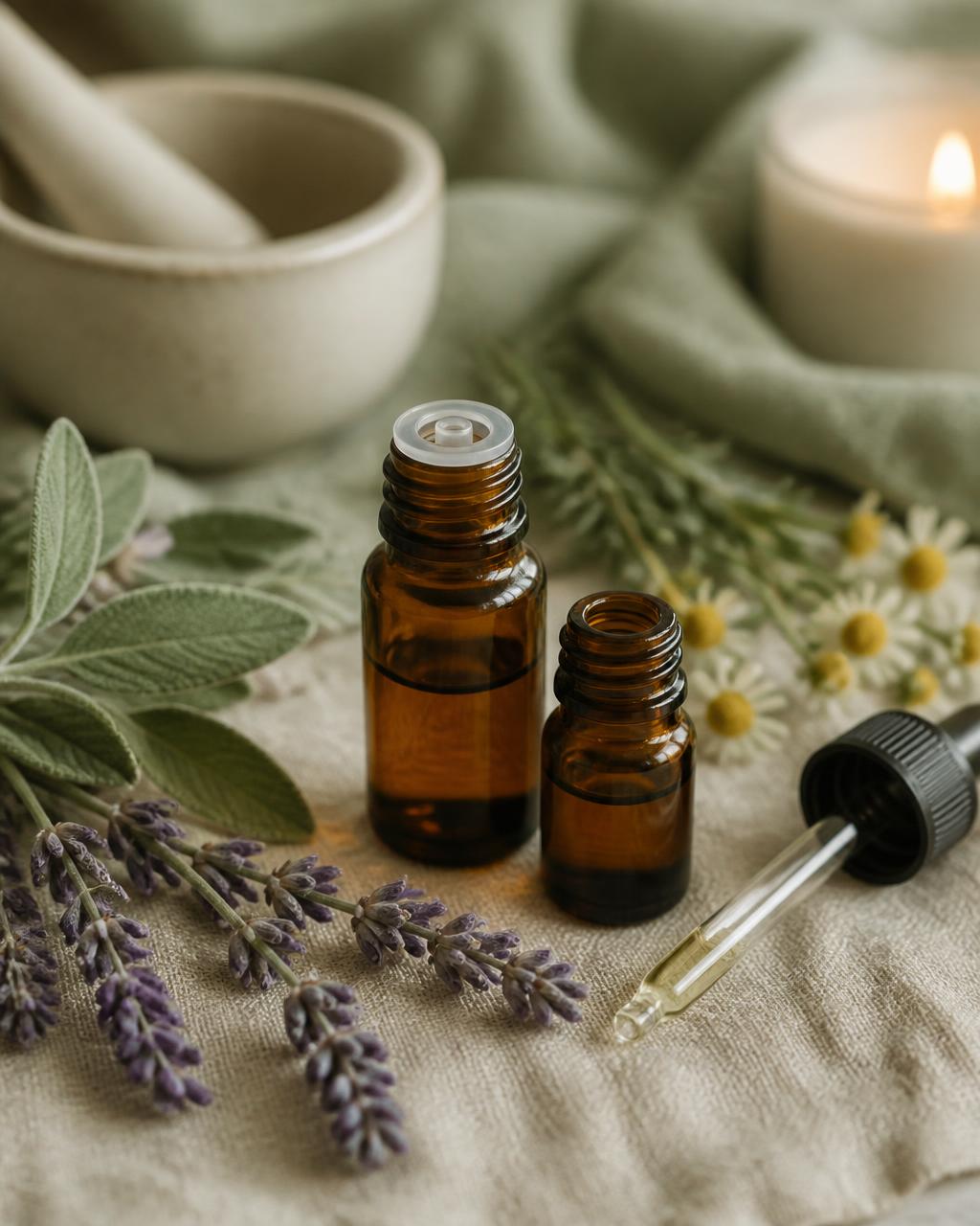 Calming botanicals and essential oils representing natural hormone balance